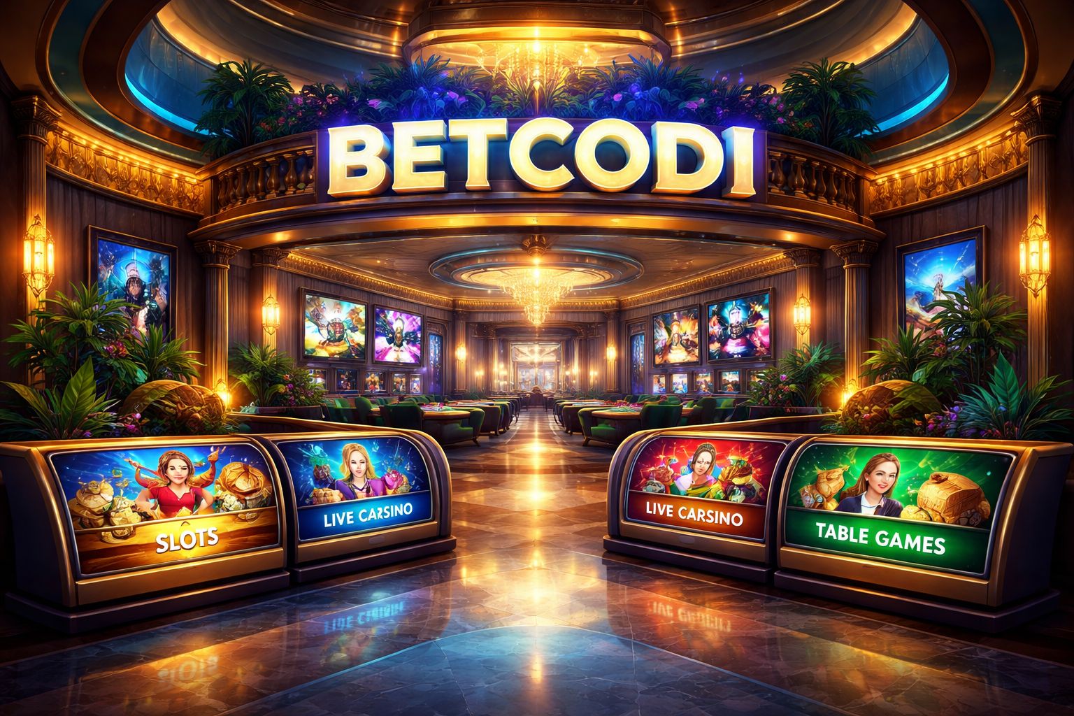 Pantalla del vestíbulo de Betcodi Casino con juegos en vivo y tragamonedas para México