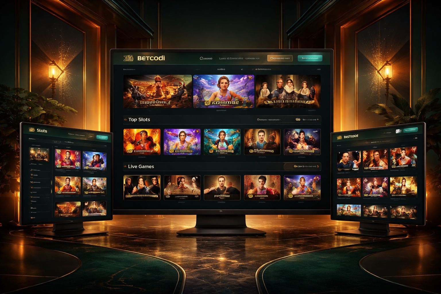 Interfaz de la plataforma Betcodi Casino mostrando categorías y juegos destacados