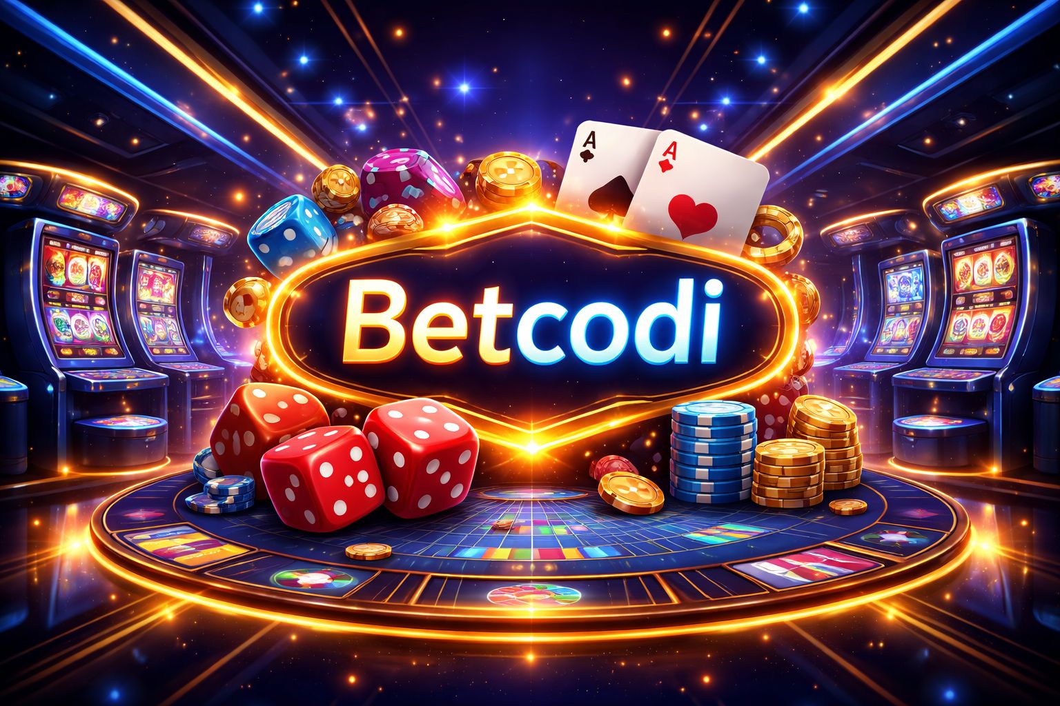 Una configuración de juego Betcodi vívida con cartas, fichas, dados y pantallas brillantes en una escena moderna inspirada en casino.