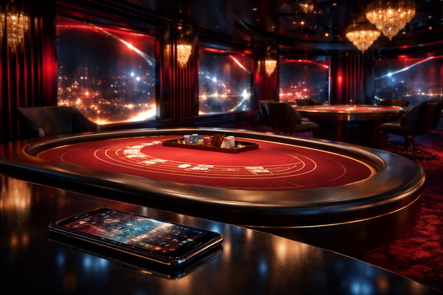 Una escena elegante de estudio de casino en vivo con una mesa de crupier, pantallas brillantes y un jugador usando un dispositivo móvil.
