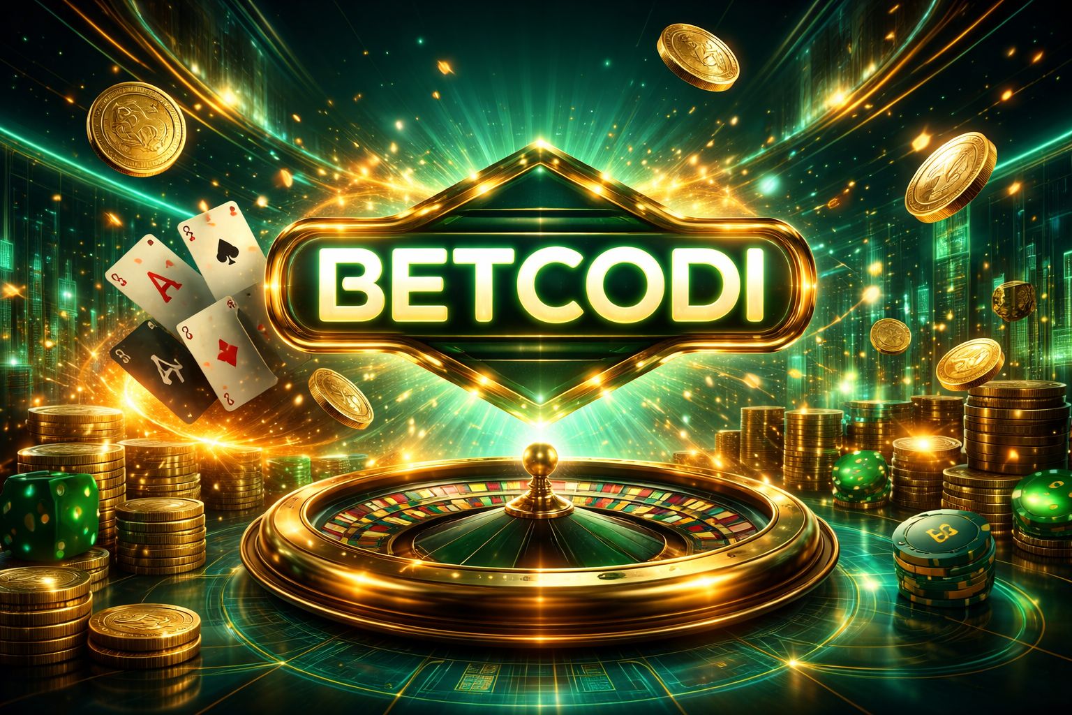 Escena digital dinámica de casino con la marca Betcodi, monedas brillantes, cartas y una atmósfera de juego vívida para jugadores mexicanos.