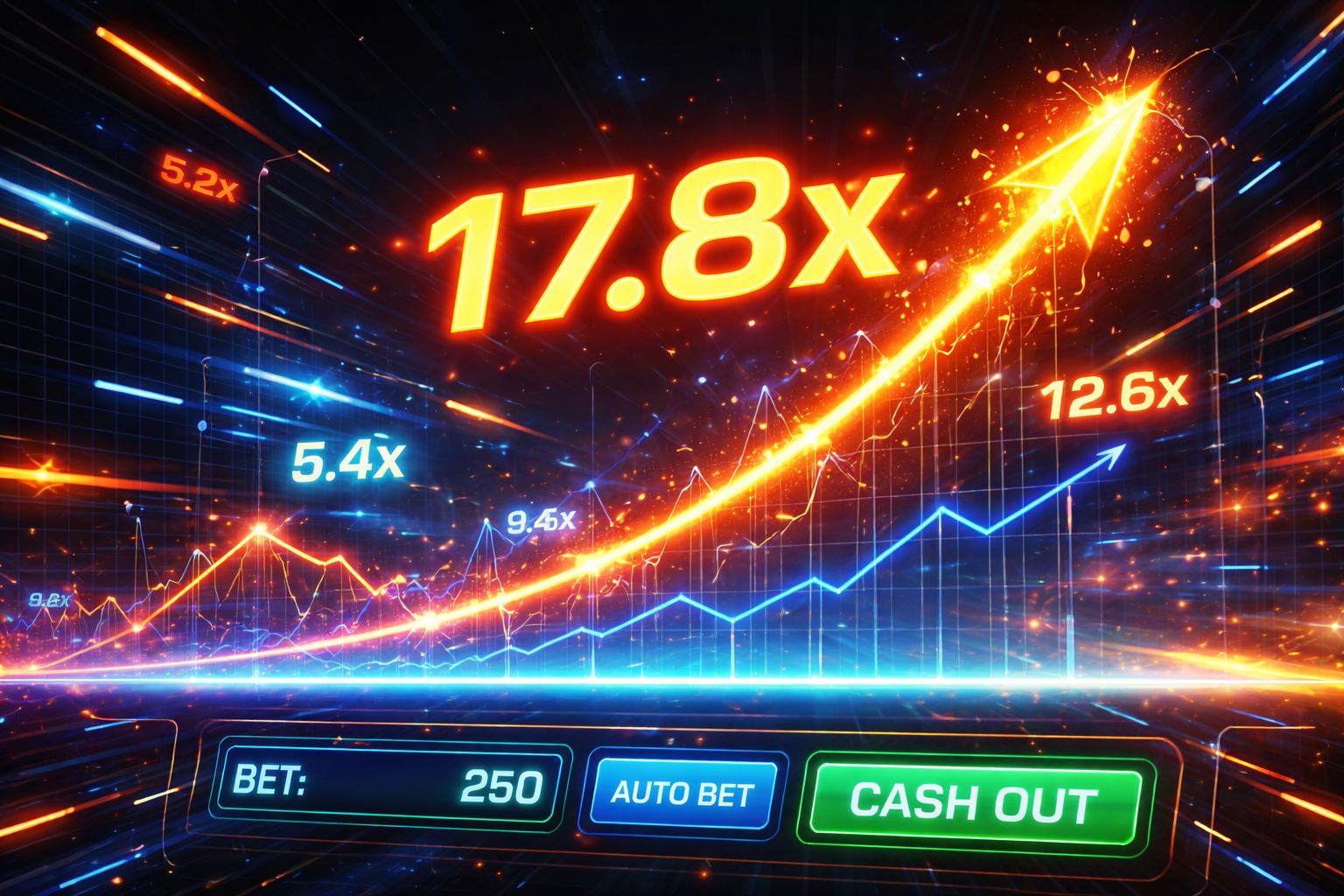 Interfaz de juego multiplicador de ritmo rápido en Betcodi con gráficos ascendentes y un ambiente intenso y moderno de juego.