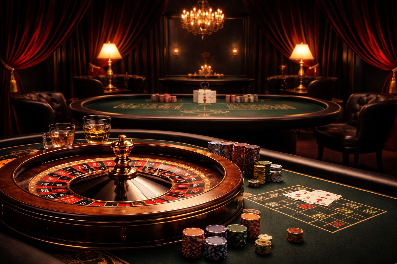 Mesa elegante de casino en vivo mostrada en una pantalla digital con cartas, elementos de ruleta y una atmósfera interactiva premium.