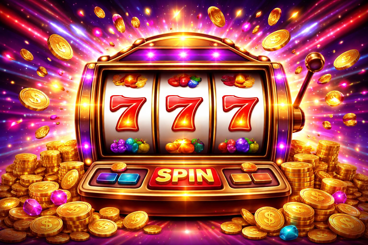 Interfaz colorida de tragamonedas en Betcodi con carretes brillantes, monedas y un efecto de ganancia celebratoria en una escena de casino animada.