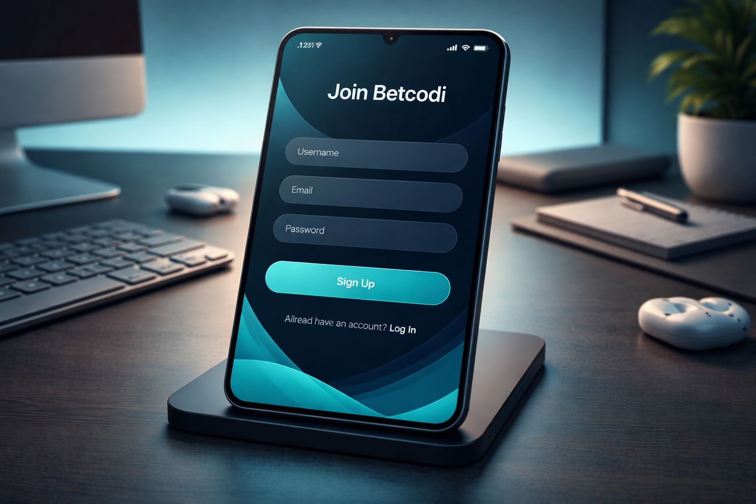 Pantalla de registro móvil para Betcodi con una interfaz elegante y flujo de inscripción rápido adaptado para jugadores en México.